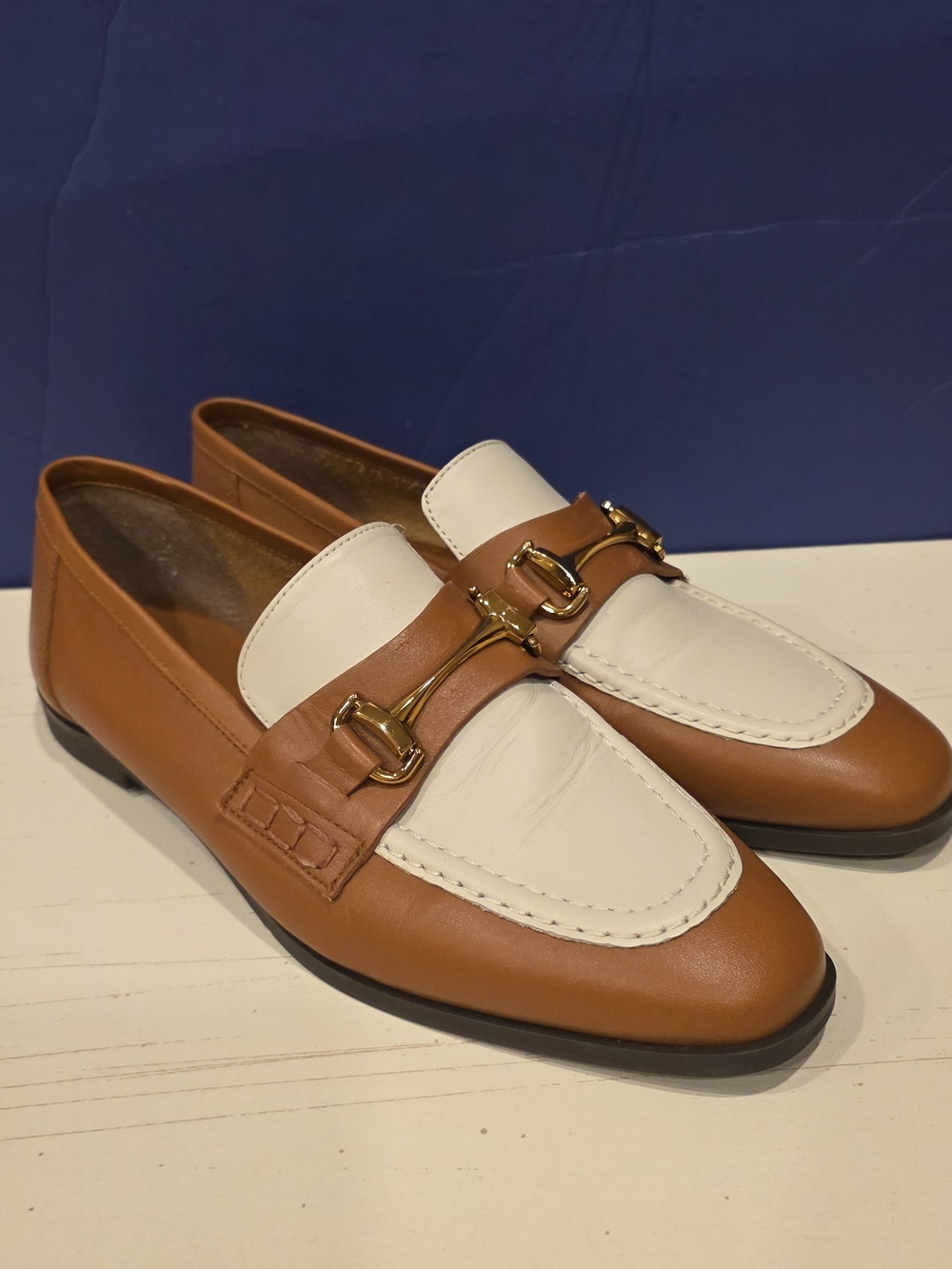 Zara Tan and White Leather Bit Loafers